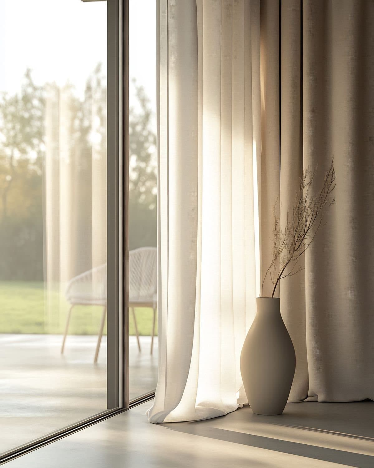 Ivory sheers at a sunlit glass door