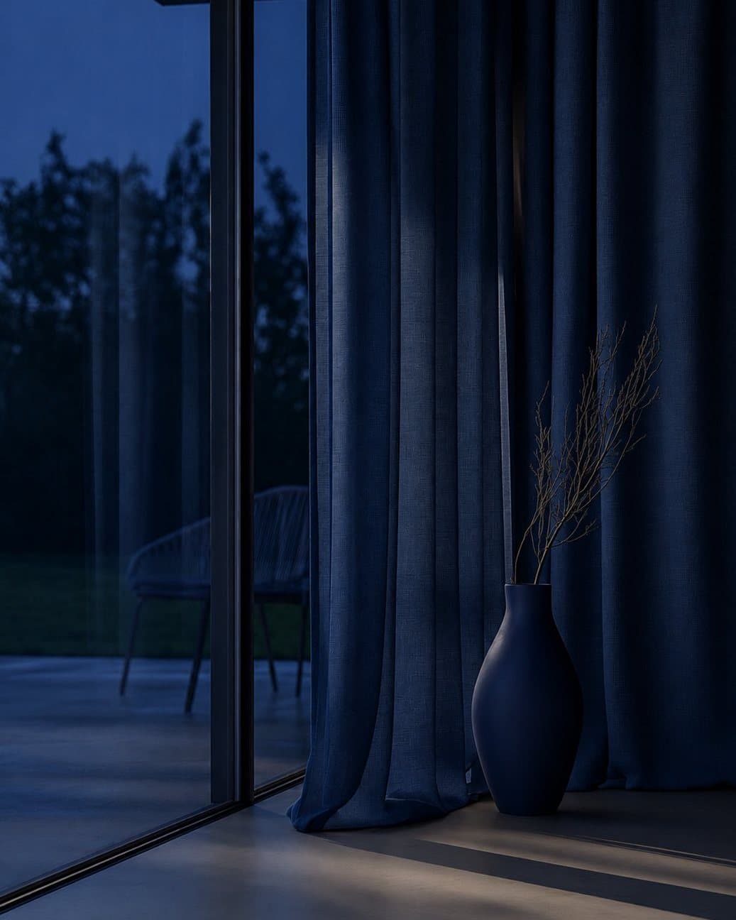 Navy drapes at a villa glass door at dusk