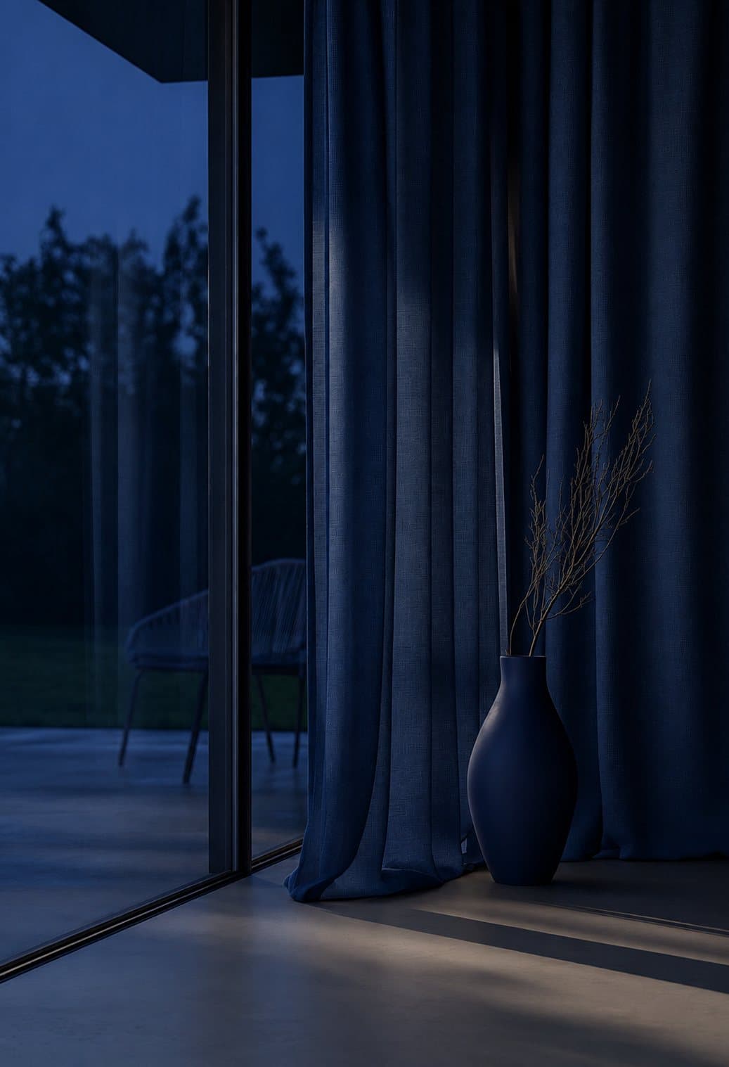 Navy velvet drapes drawn across a tall glass door at dusk